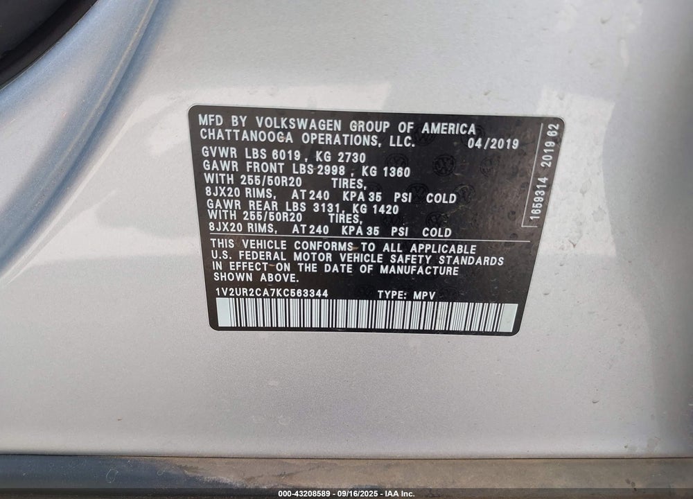 2019 VOLKSWAGEN ATLAS 3.6L V6 SE W/TECHNOLOGY VIN: 1V2UR2CA7KC563344