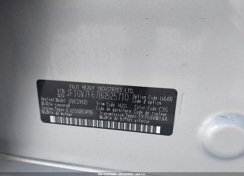 2011 SUBARU IMPREZA WRX PREMIUM VIN: JF1GV7F67BG525710