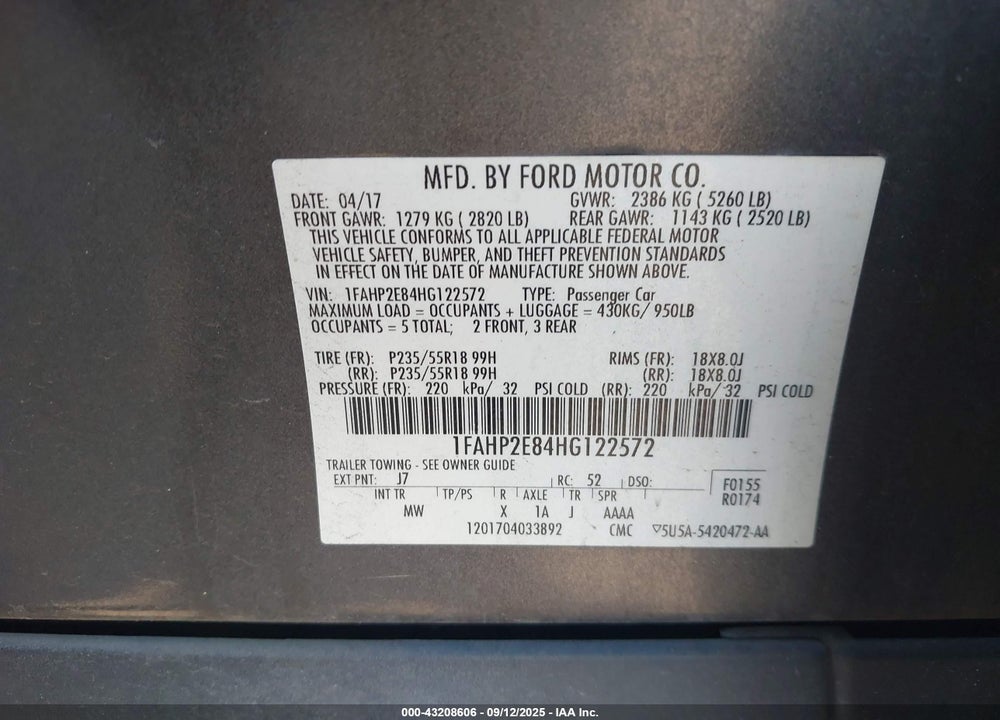 2017 FORD TAURUS VIN: 1FAHP2E84HG122572