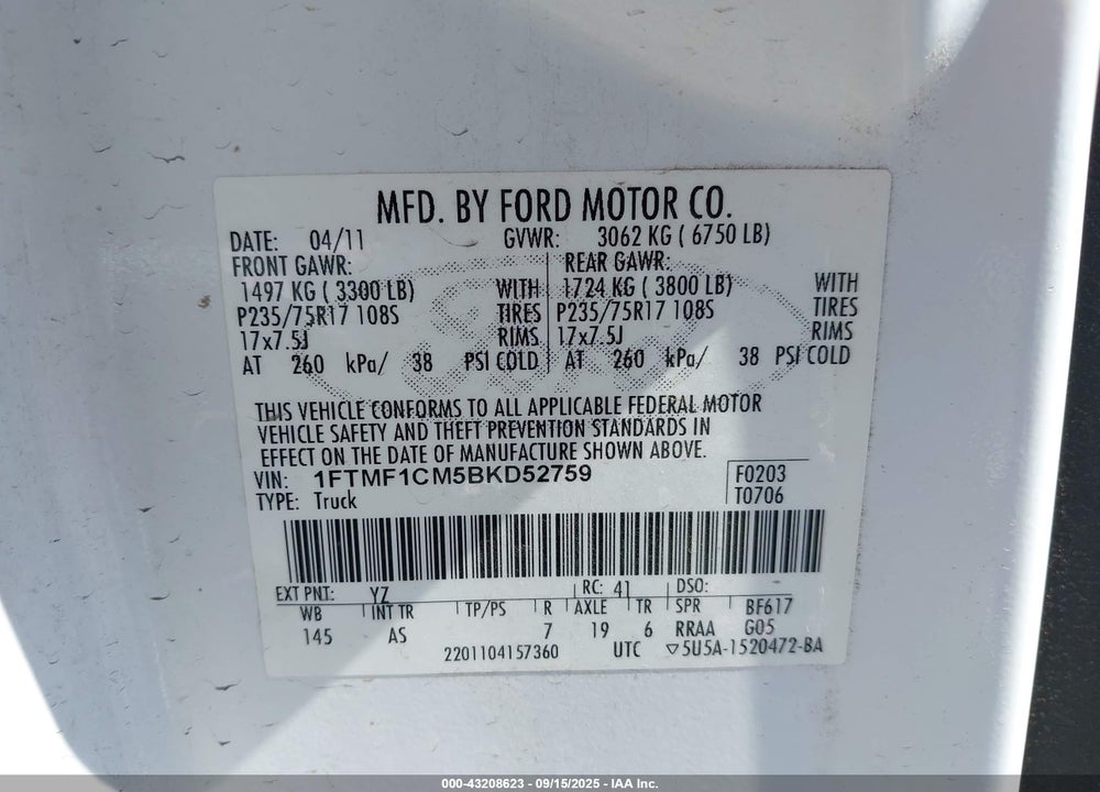 2011 FORD F-150 VIN: 1FTMF1CM5BKD52759