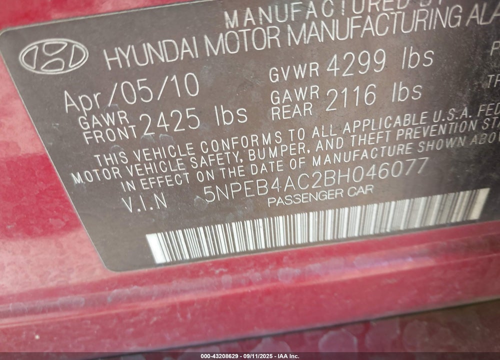 2011 HYUNDAI SONATA VIN: 5NPEB4AC2BH046077