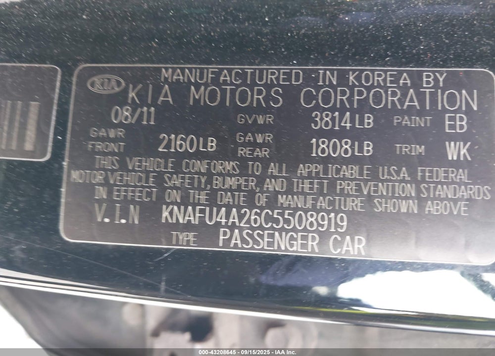 2012 KIA FORTE EX VIN: KNAFU4A26C5508919