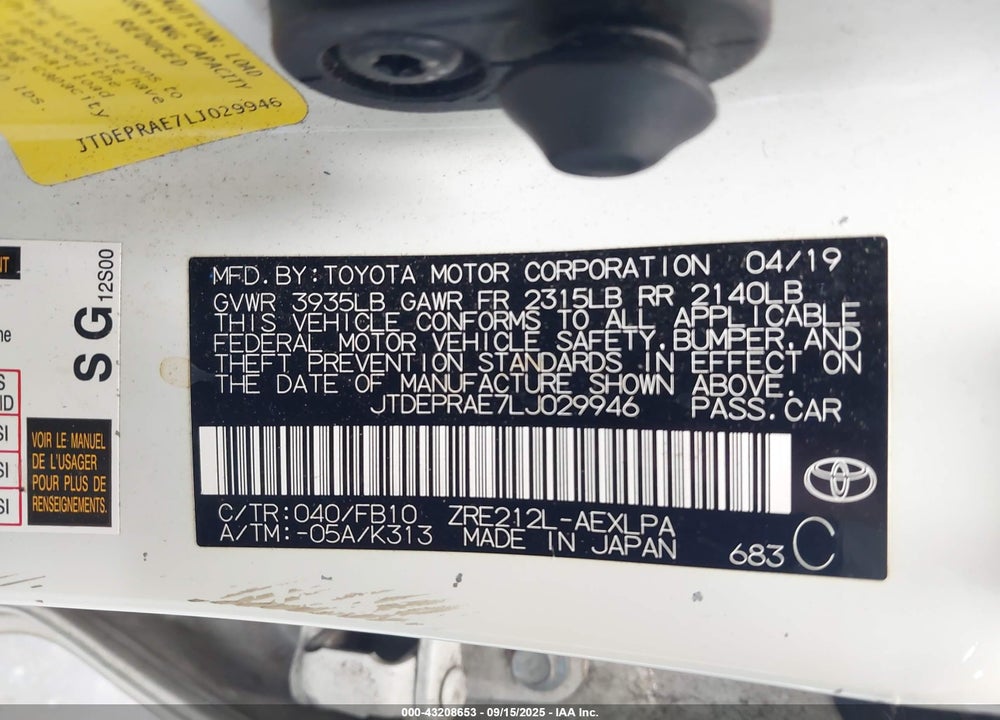 2020 TOYOTA COROLLA VIN: JTDEPRAE7LJ029946