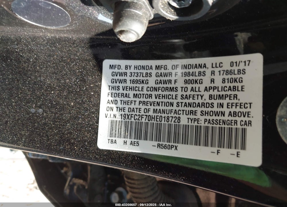 2017 HONDA CIVIC VIN: 19XFC2F70HE018728
