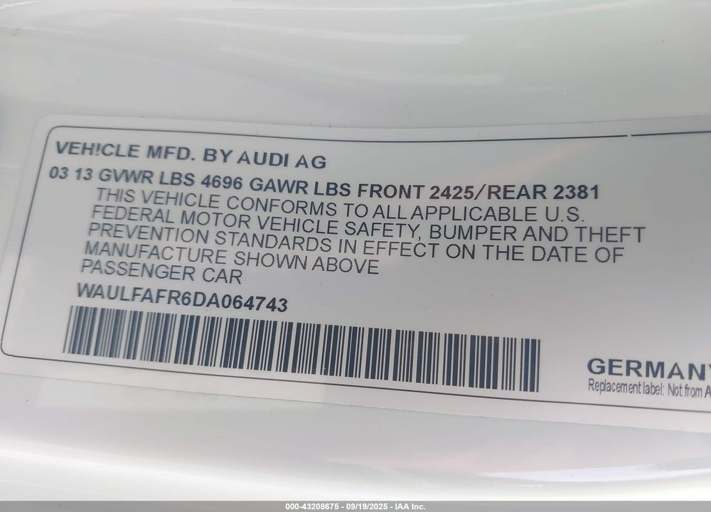 2013 AUDI A5 VIN: WAULFAFR6DA064743