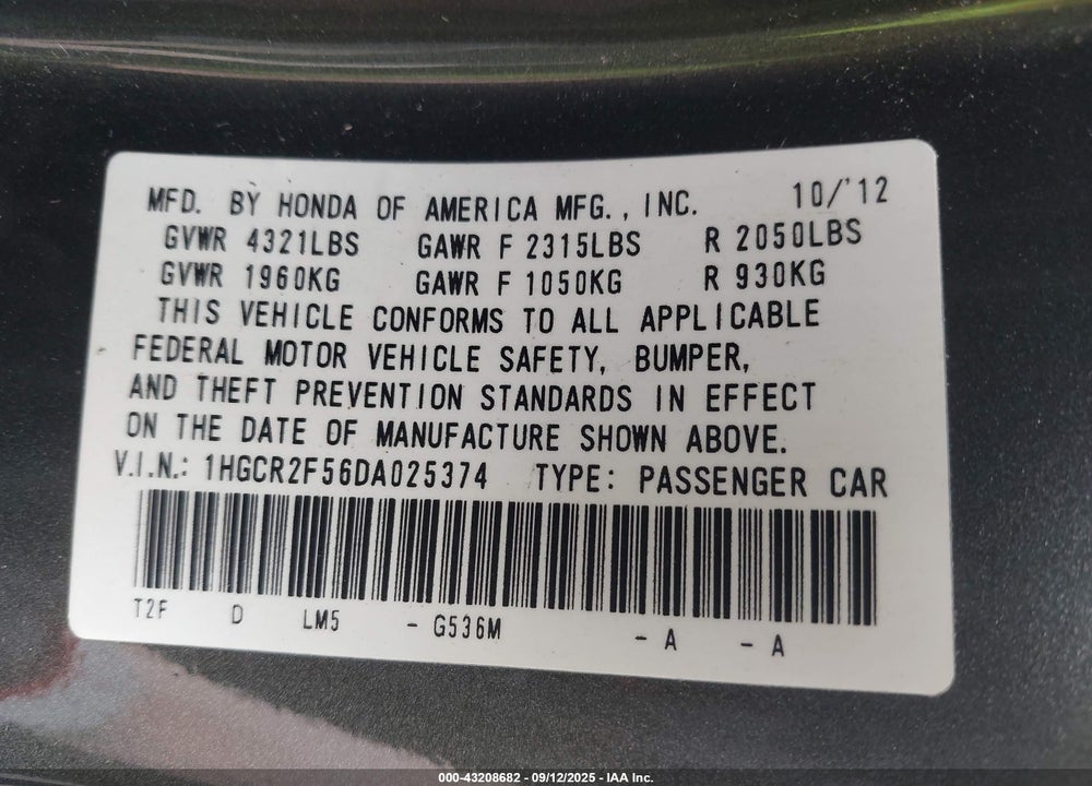 2013 HONDA ACCORD SPORT VIN: 1HGCR2F56DA025374