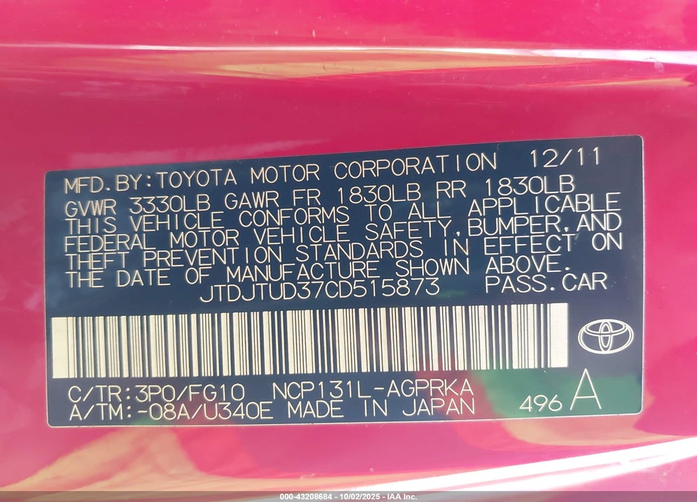 2012 TOYOTA YARIS L VIN: JTDJTUD37CD515873