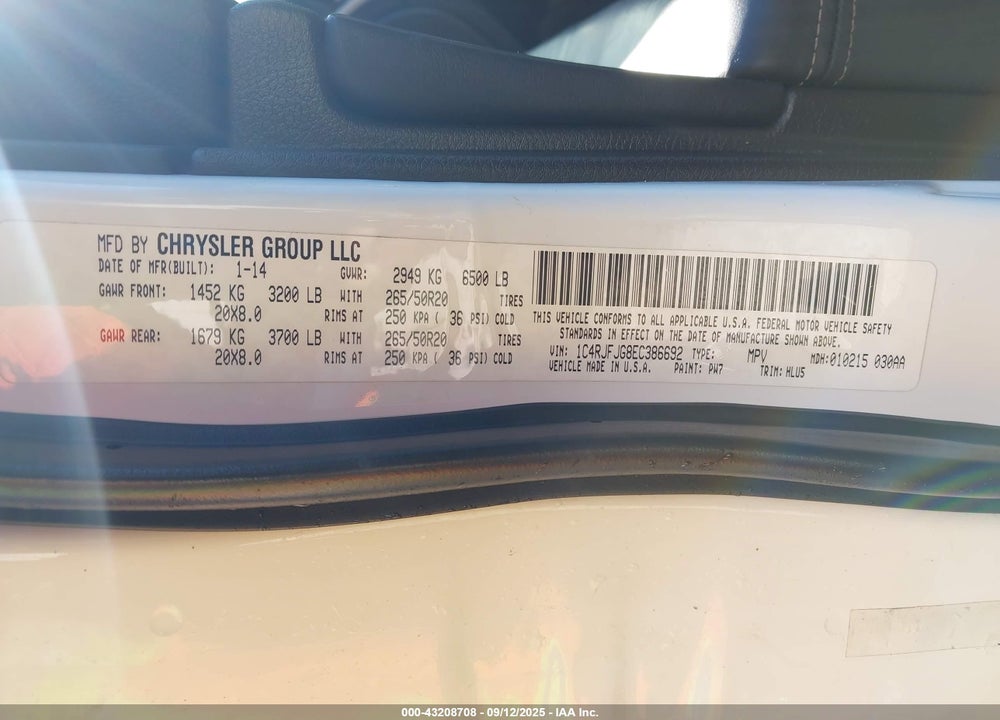 2014 JEEP GRAND CHEROKEE VIN: 1C4RJFJG8EC386692