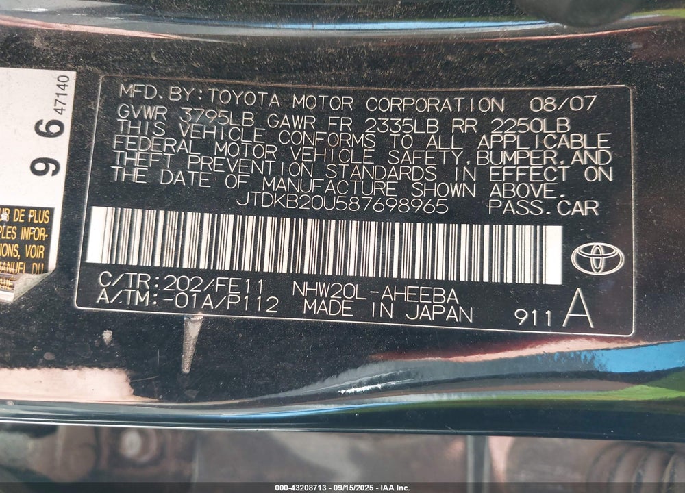 2008 TOYOTA PRIUS VIN: JTDKB20U587698965