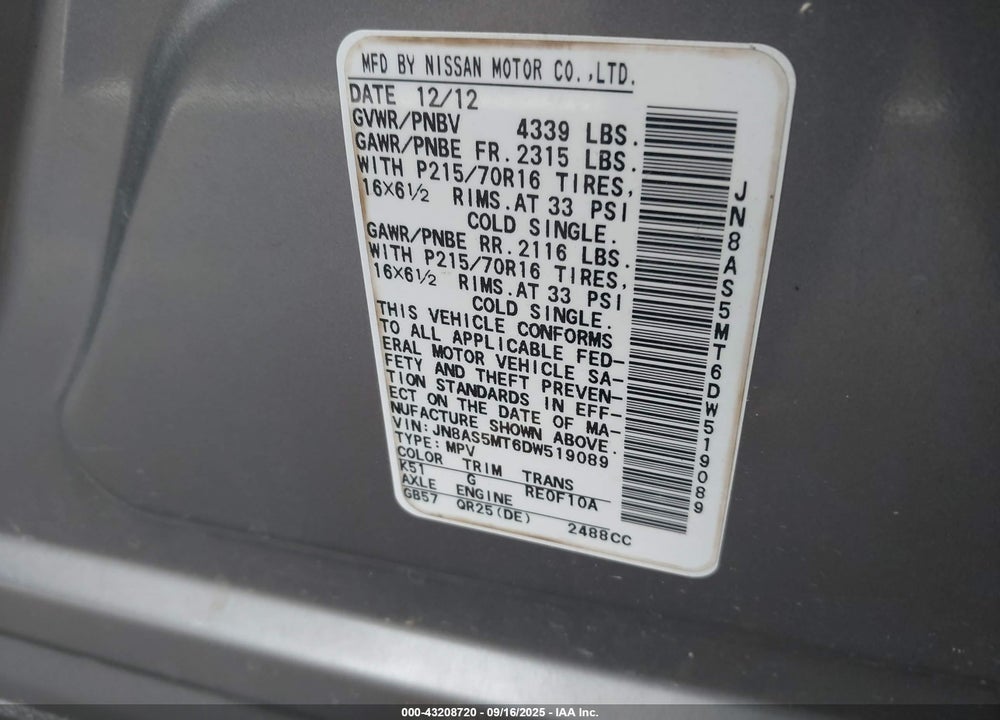 2013 NISSAN ROGUE VIN: JN8AS5MT6DW519089
