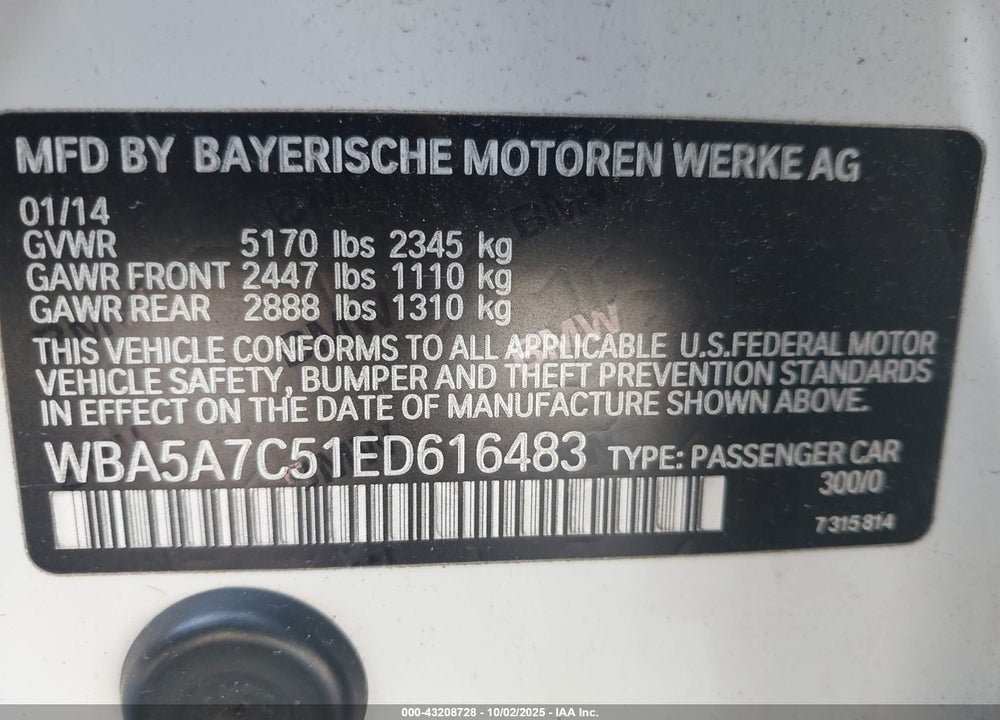 2014 BMW 5 SERIES VIN: WBA5A7C51ED616483