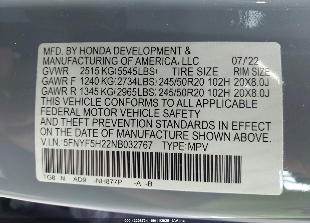 2022 HONDA PILOT VIN: 5FNYF5H22NB032767