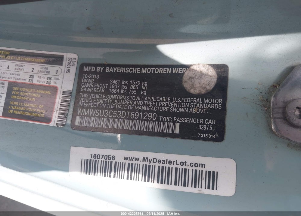 2013 MINI HARDTOP COOPER VIN: WMWSU3C53DT691290