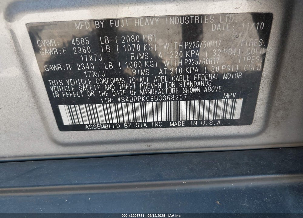2011 SUBARU OUTBACK VIN: 4S4BRBKC9B3368207