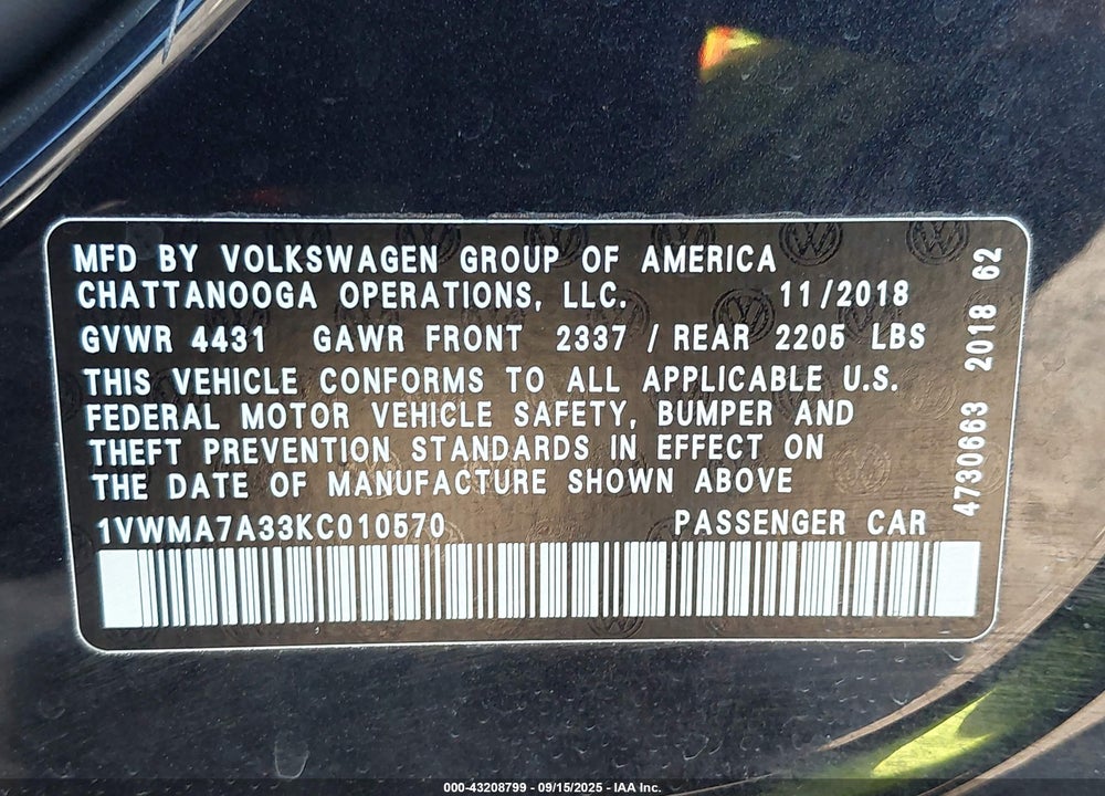 2019 VOLKSWAGEN PASSAT VIN: 1VWMA7A33KC010570