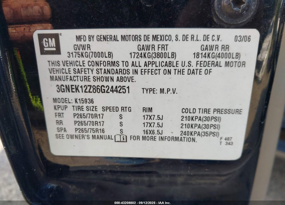 2006 CHEVROLET AVALANCHE 1500 Z71 VIN: 3GNEK12Z86G244251