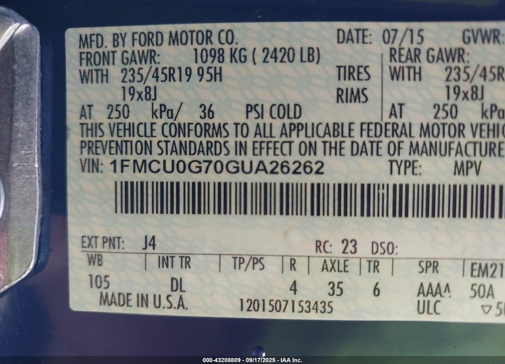2016 FORD ESCAPE VIN: 1FMCU0G70GUA26262