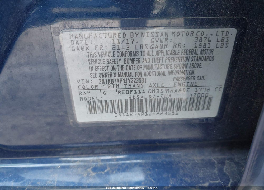 2018 NISSAN SENTRA VIN: 3N1AB7AP1JY223581