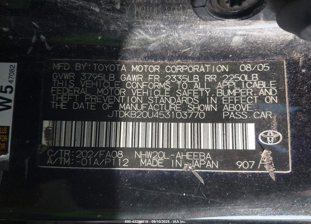 2005 TOYOTA PRIUS VIN: JTDKB20U453103770