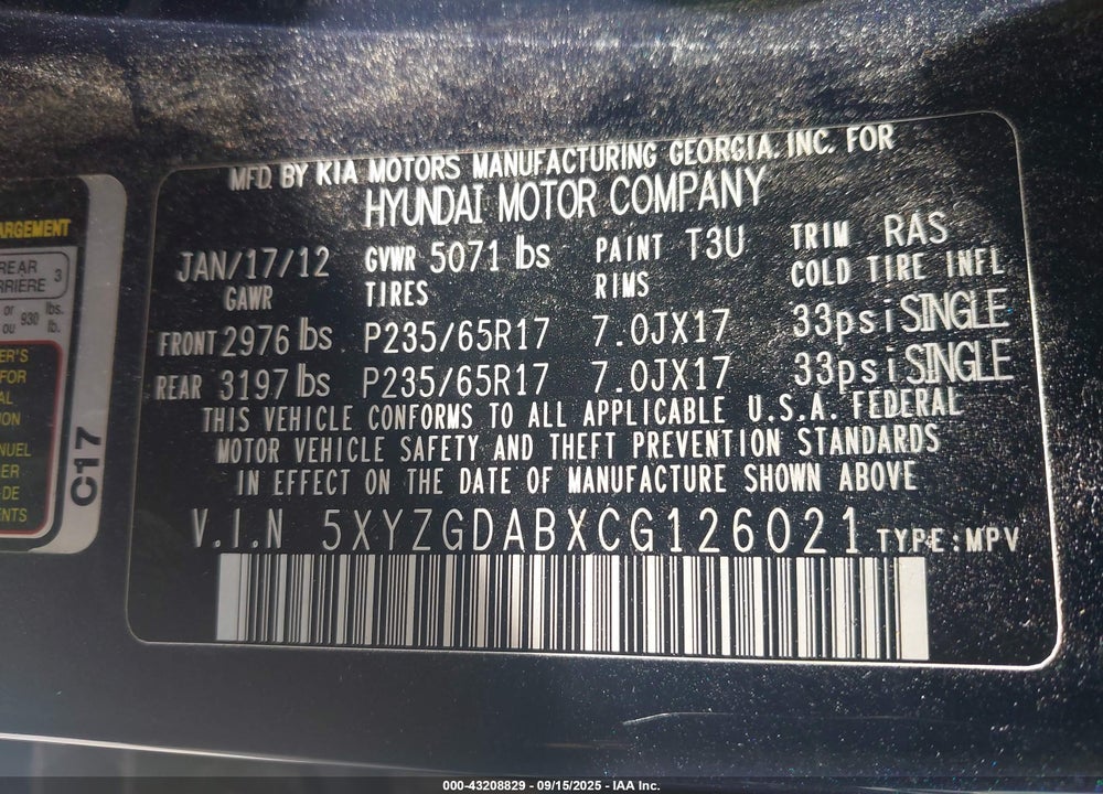2012 HYUNDAI SANTA FE VIN: 5XYZGDABXCG126021