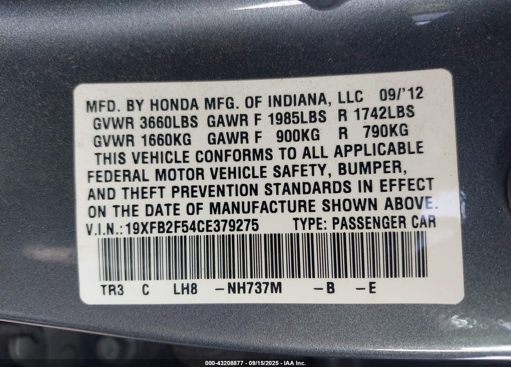 2012 HONDA CIVIC VIN: 19XFB2F54CE379275