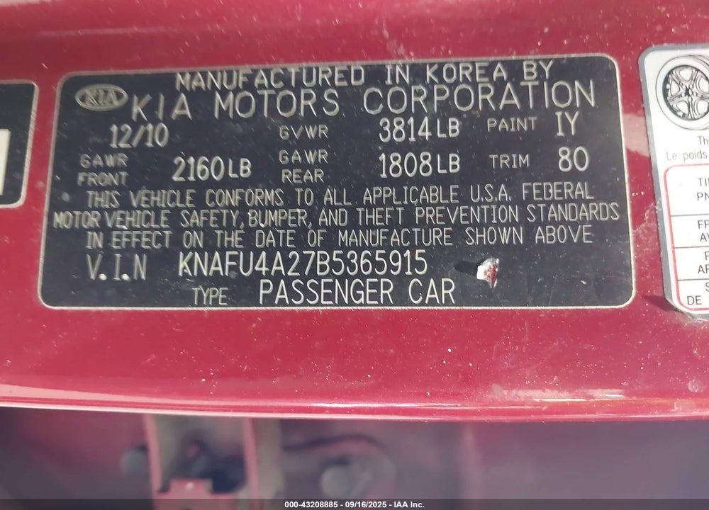 2011 KIA FORTE EX VIN: KNAFU4A27B5365915