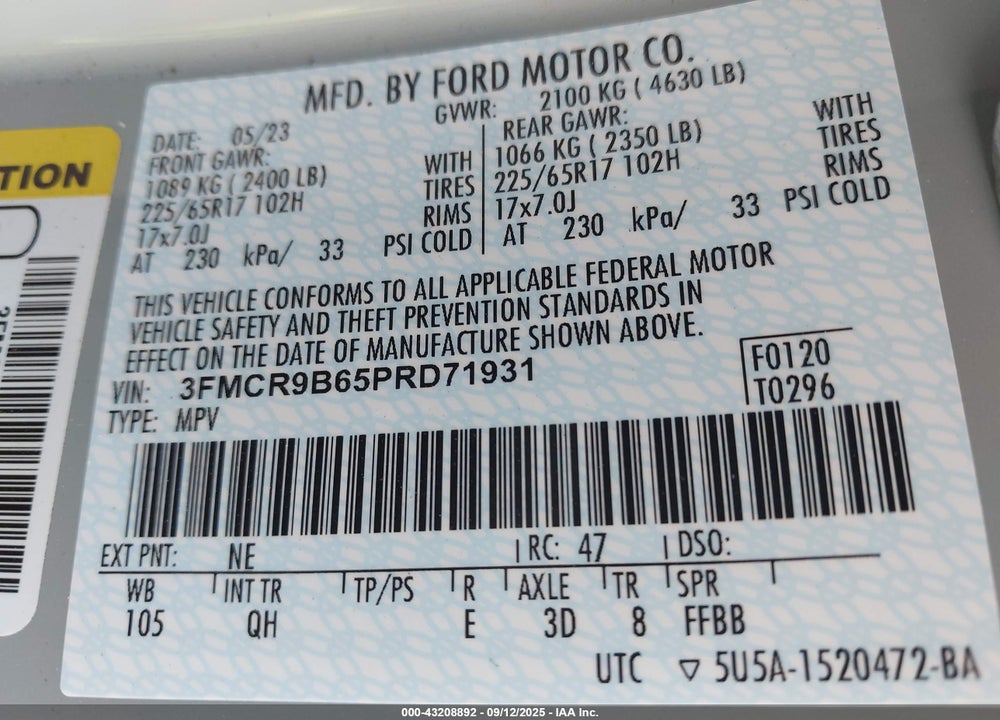 2023 FORD BRONCO SPORT VIN: 3FMCR9B65PRD71931