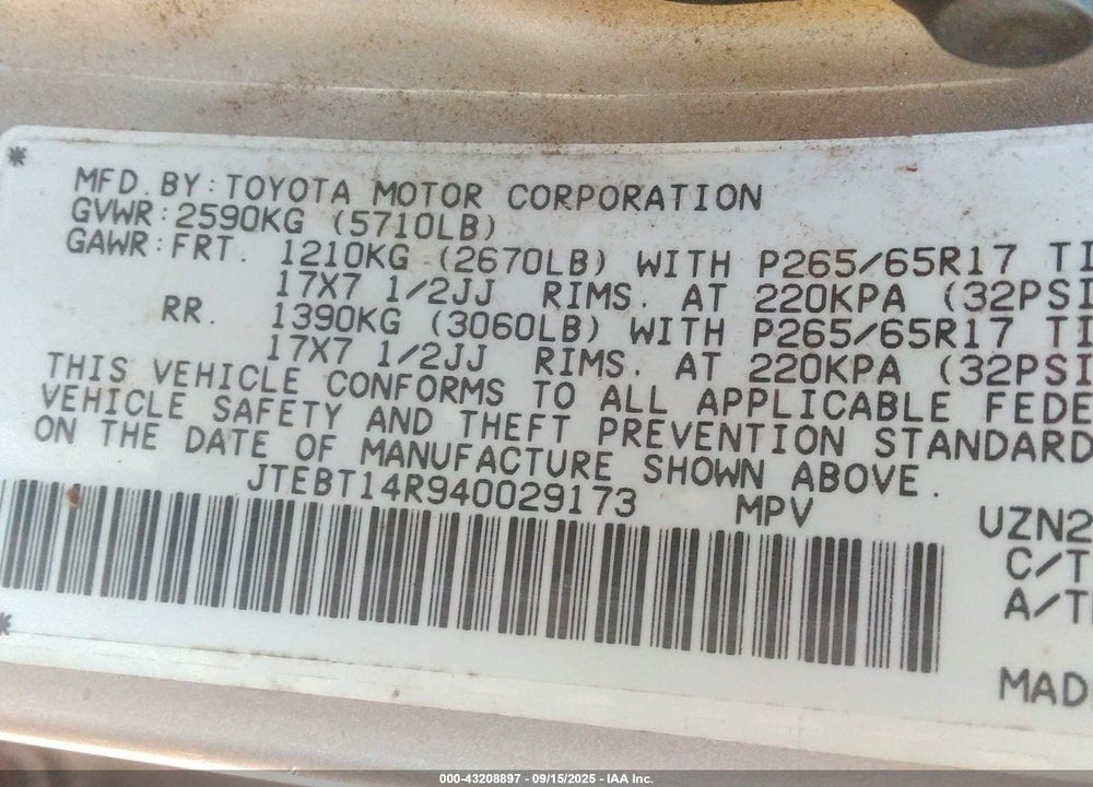 2004 TOYOTA 4RUNNER SR5 V8 VIN: JTEBT14R940029173