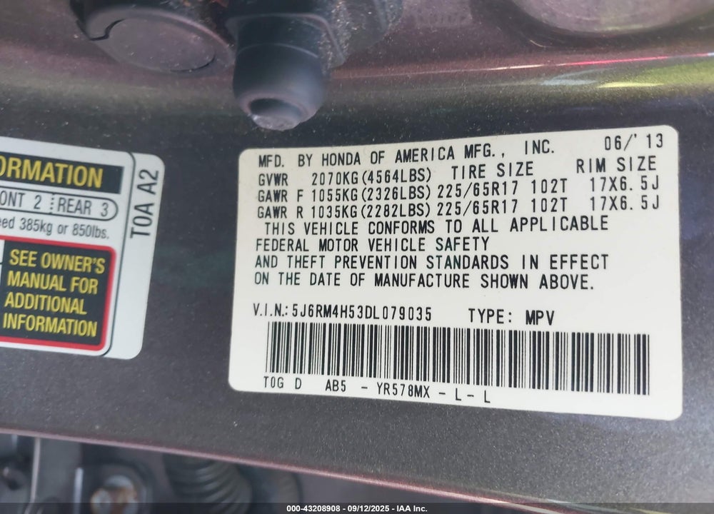 2013 HONDA CR-V VIN: 5J6RM4H53DL079035