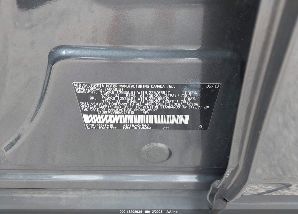 2013 TOYOTA RAV4 XLE VIN: 2T3RFREV9DW024815