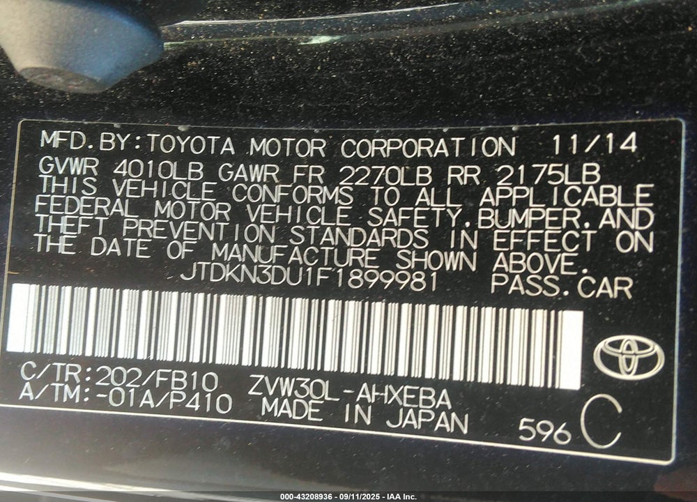2015 TOYOTA PRIUS VIN: JTDKN3DU1F1899981
