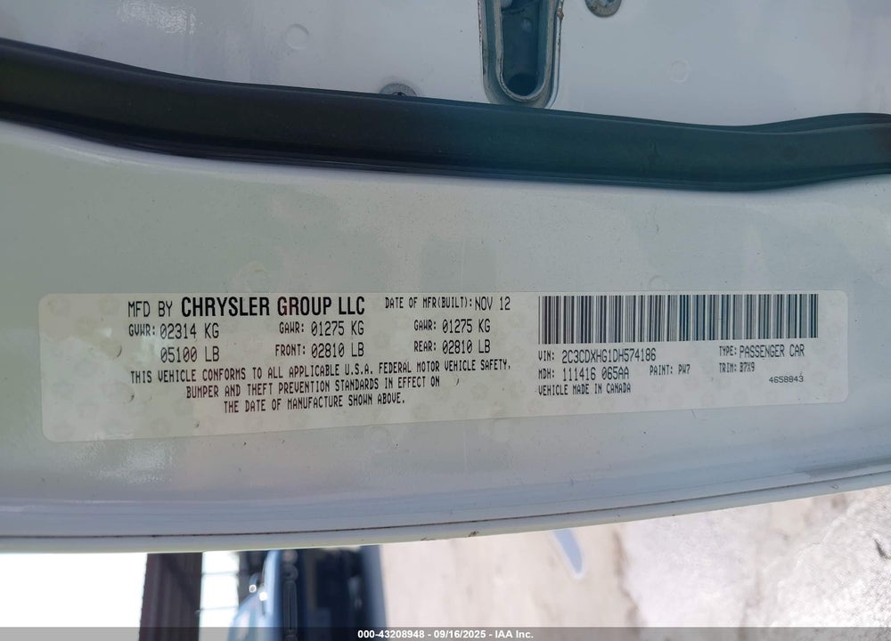 2013 DODGE CHARGER VIN: 2C3CDXHG1DH574186