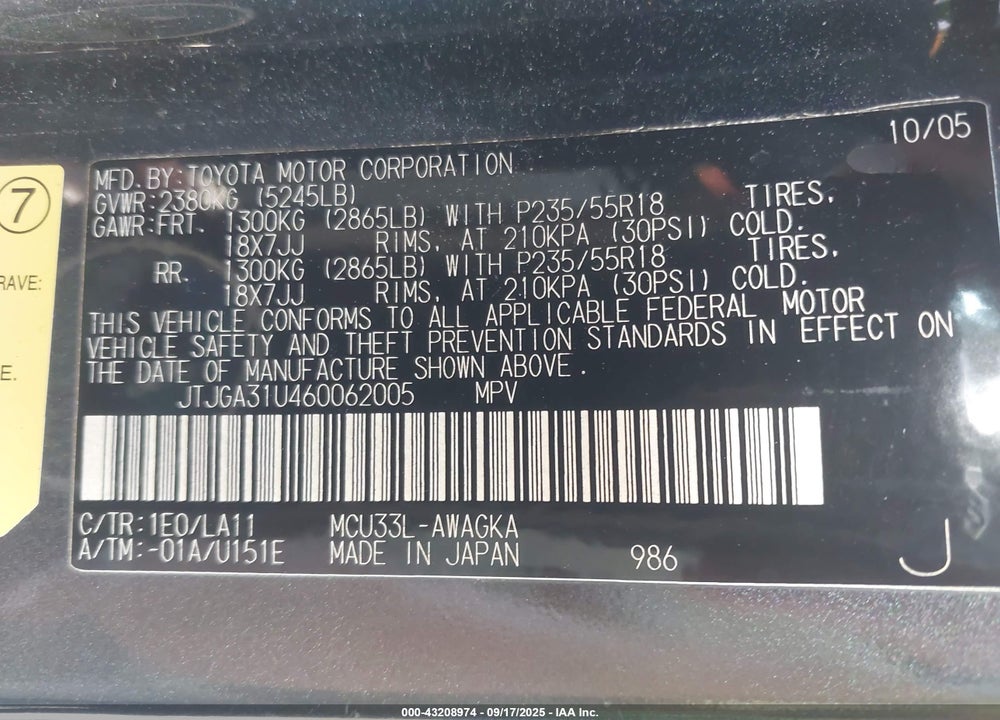 2006 LEXUS RX 330 VIN: JTJGA31U460062005