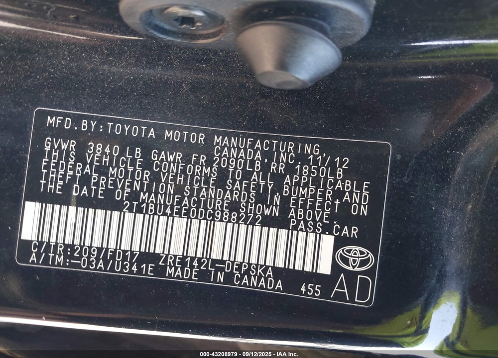 2013 TOYOTA COROLLA S VIN: 2T1BU4EE0DC988272