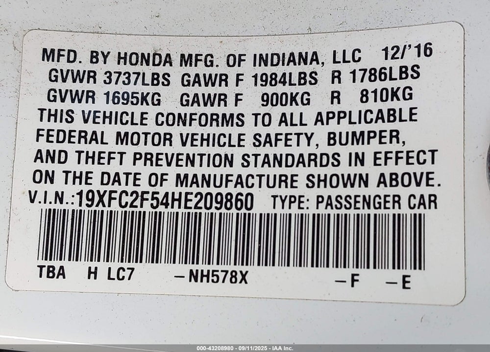 2017 HONDA CIVIC LX VIN: 19XFC2F54HE209860