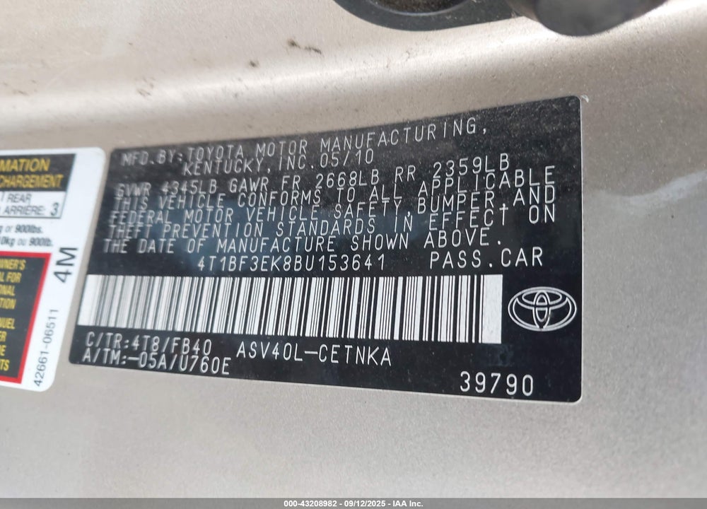 2011 TOYOTA CAMRY LE VIN: 4T1BF3EK8BU153641