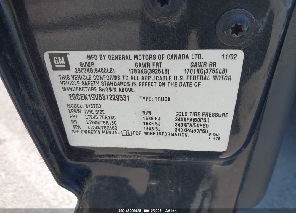 2003 CHEVROLET SILVERADO 1500 VIN: 2GCEK19V531229531
