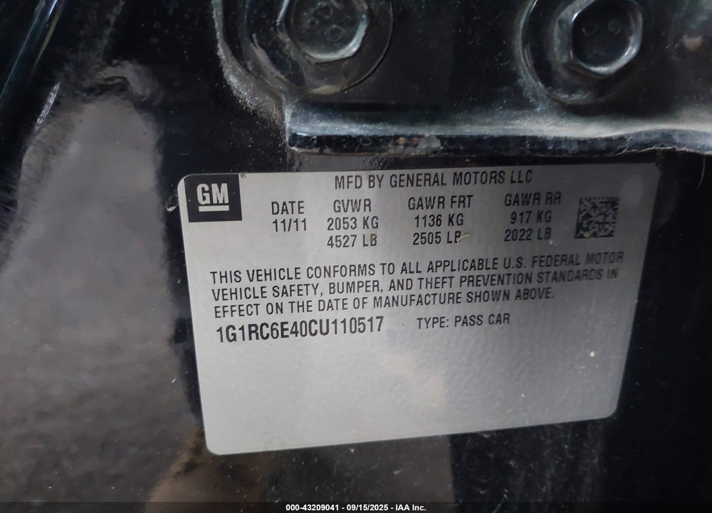 2012 CHEVROLET VOLT VIN: 1G1RC6E40CU110517