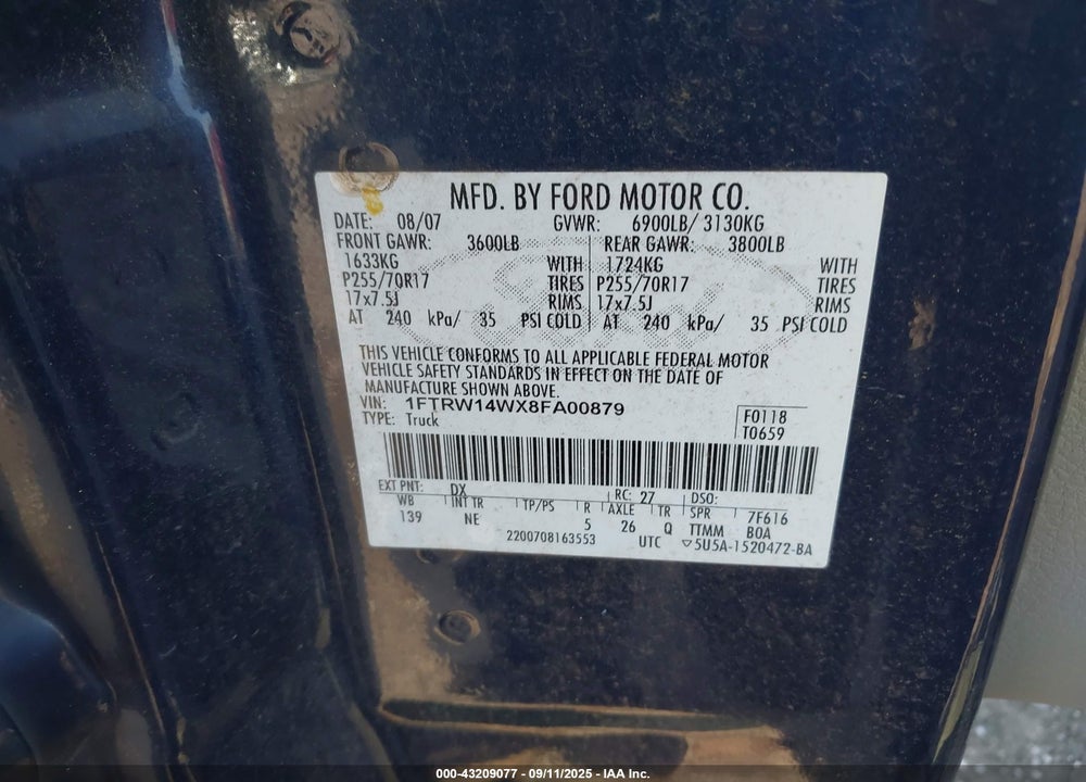 2008 FORD F-150 60TH ANNIVERSARY/XL/XLT VIN: 1FTRW14WX8FA00879