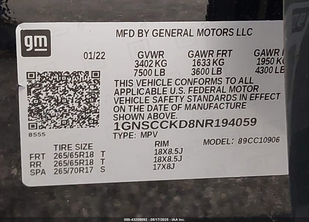2022 CHEVROLET SUBURBAN VIN: 1GNSCCKD8NR194059