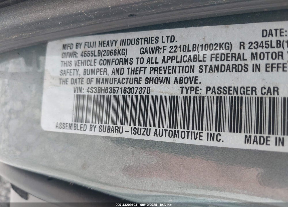 2001 SUBARU LEGACY L VIN: 4S3BH635716307370