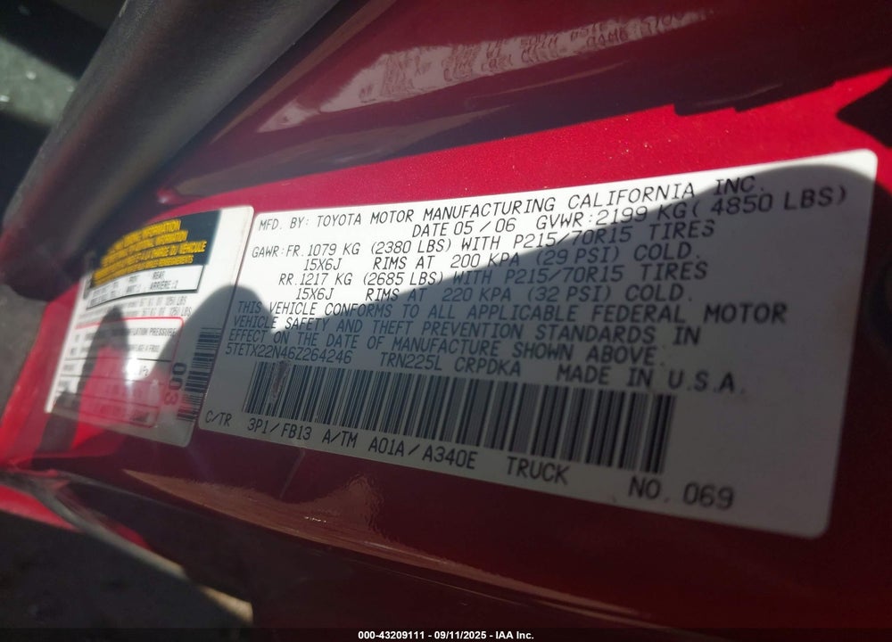 2006 TOYOTA TACOMA VIN: 5TETX22N46Z264246