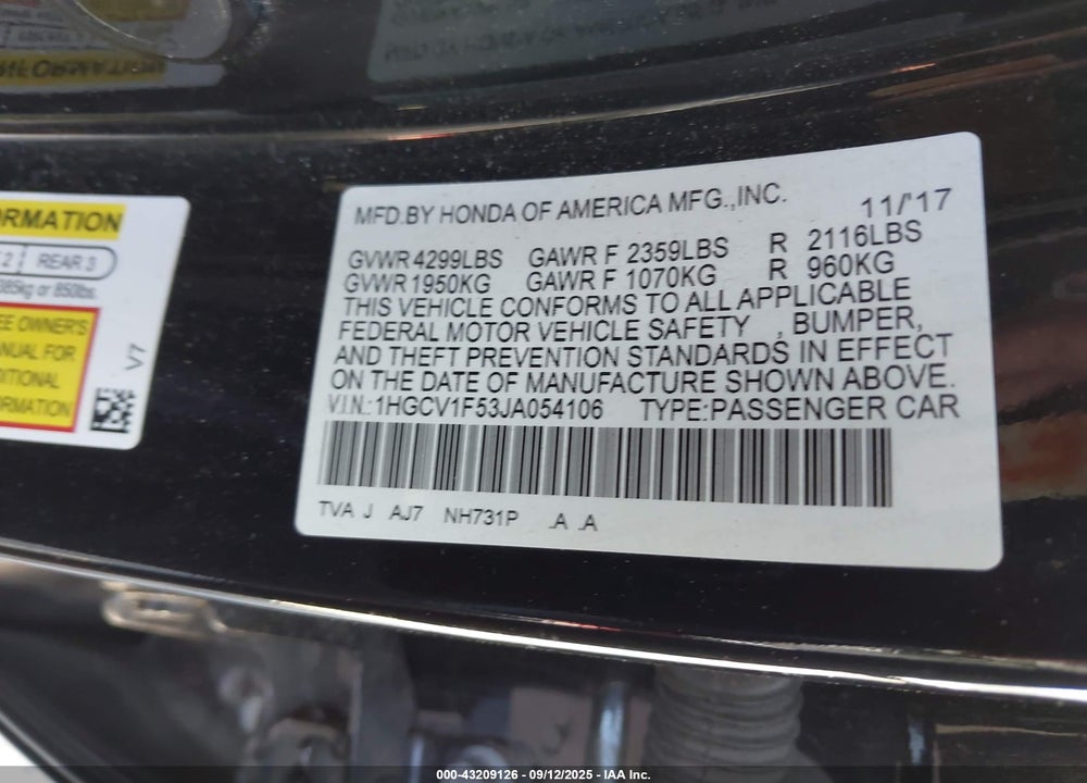 2018 HONDA ACCORD VIN: 1HGCV1F53JA054106