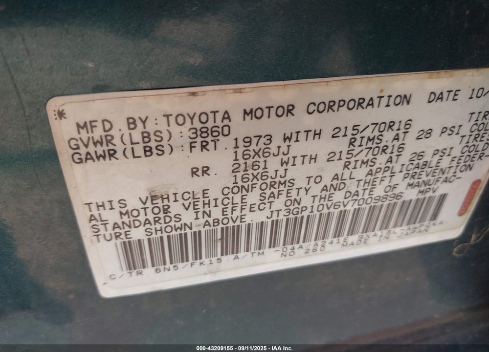 1997 TOYOTA RAV4 VIN: JT3GP10V6V7009896