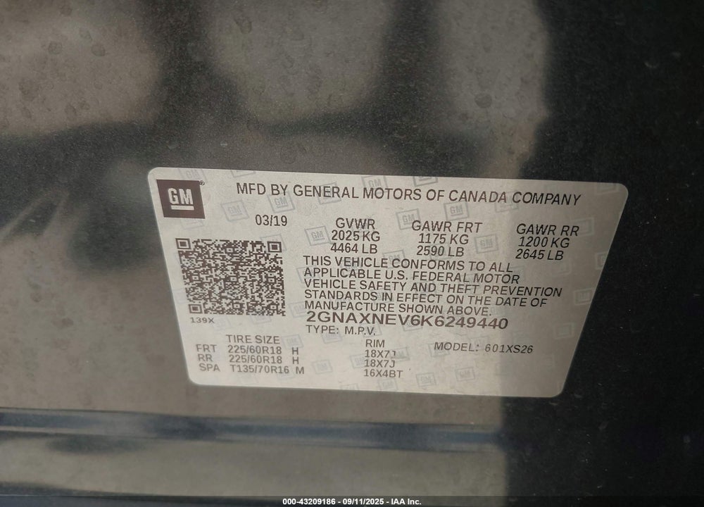 2019 CHEVROLET EQUINOX VIN: 2GNAXNEV6K6249440
