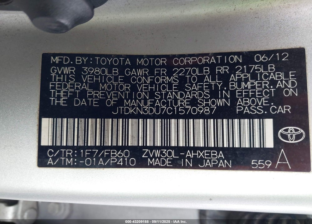 2012 TOYOTA PRIUS VIN: JTDKN3DU7C1570987
