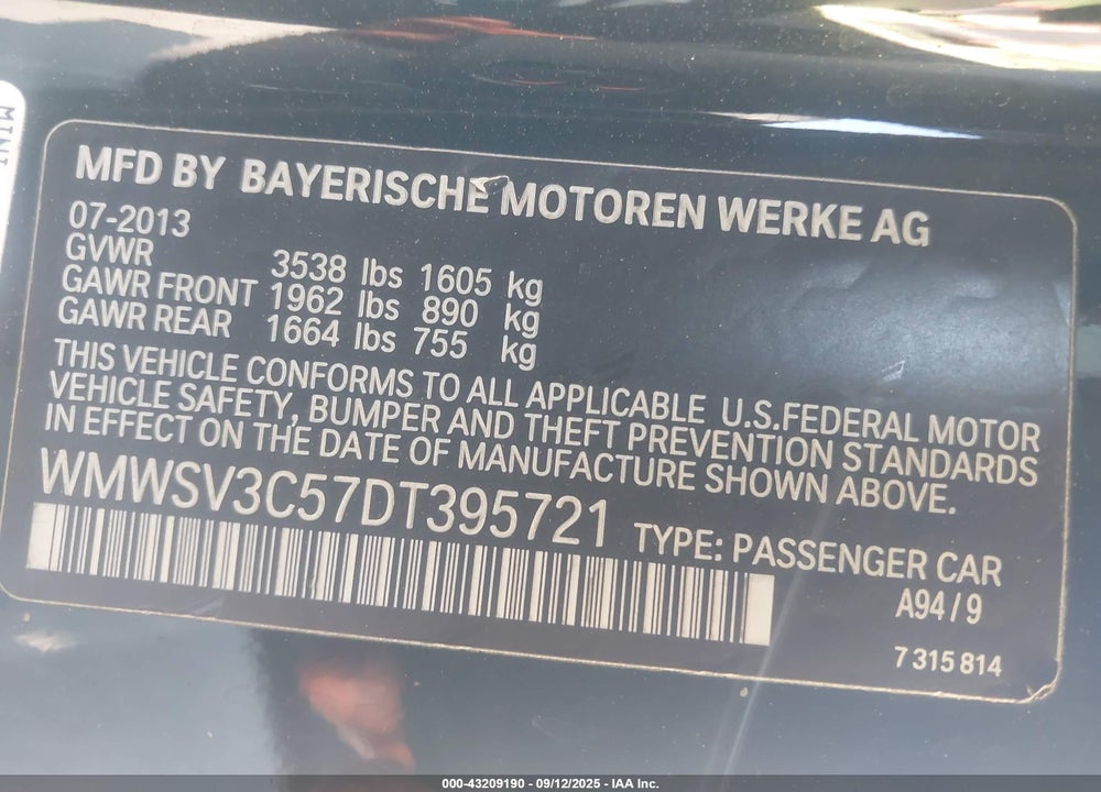 2013 MINI HARDTOP VIN: WMWSV3C57DT395721
