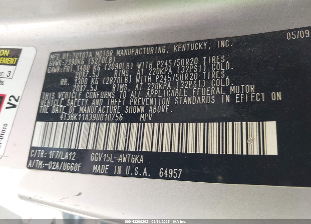 2009 TOYOTA VENZA VIN: 4T3BK11A39U010756