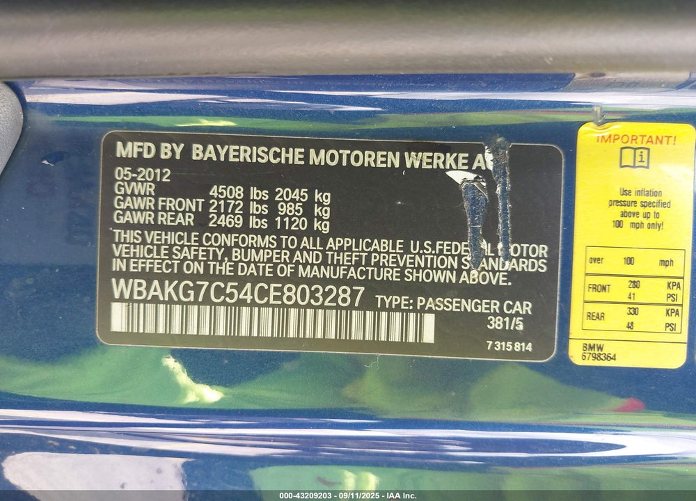 2012 BMW 335I VIN: WBAKG7C54CE803287
