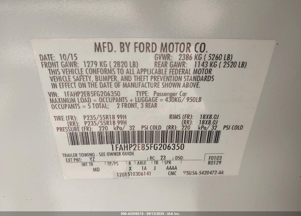 2015 FORD TAURUS VIN: 1FAHP2E85FG206350